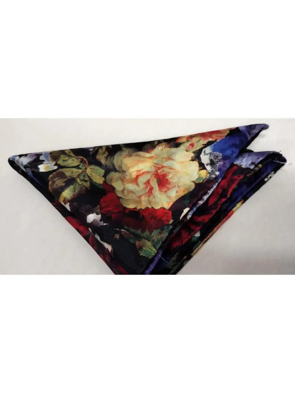 Vintage Floral Black Satin Hankie Men's Handkerchief Roses Print 13 x 13 inches